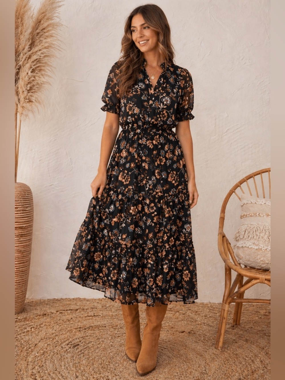 BB Dakota Steve Madden Brown and Blue Floral Print dress